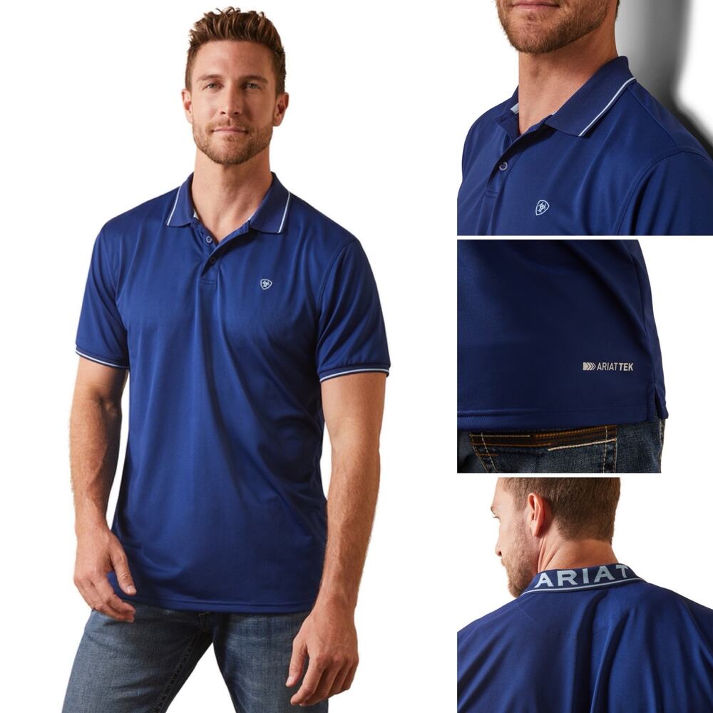 Ariat TEK Mens Logo Fitted Short Sleeve Polo Shirt‎ XXL Cloudburst Blue NWT